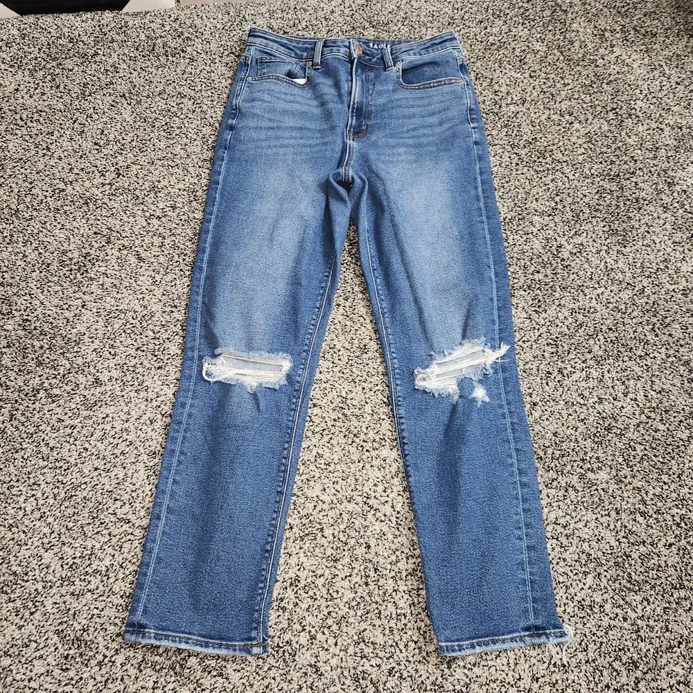 American Eagle Mom Jeans Hi Rise Destruction Darkwash Stretch Women's 6 Reg,90's